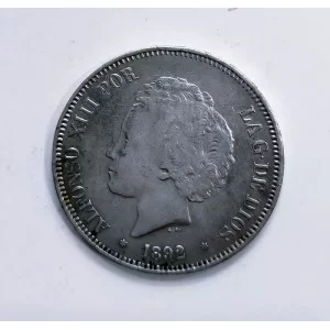 Alfonso XIII 5 Pesetas 1892  *18*92 PGM en  EBC Pátina