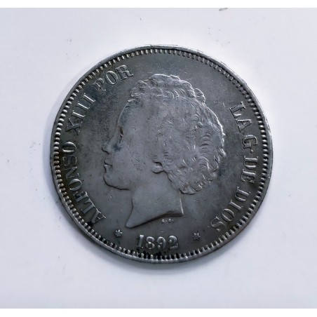 Alfonso XIII 5 Pesetas 1892  *18*92 PGM en  EBC Pátina