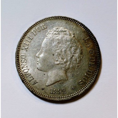 Alfonso XIII  5 Pesetas 1892 *18 *92 PGM S/C