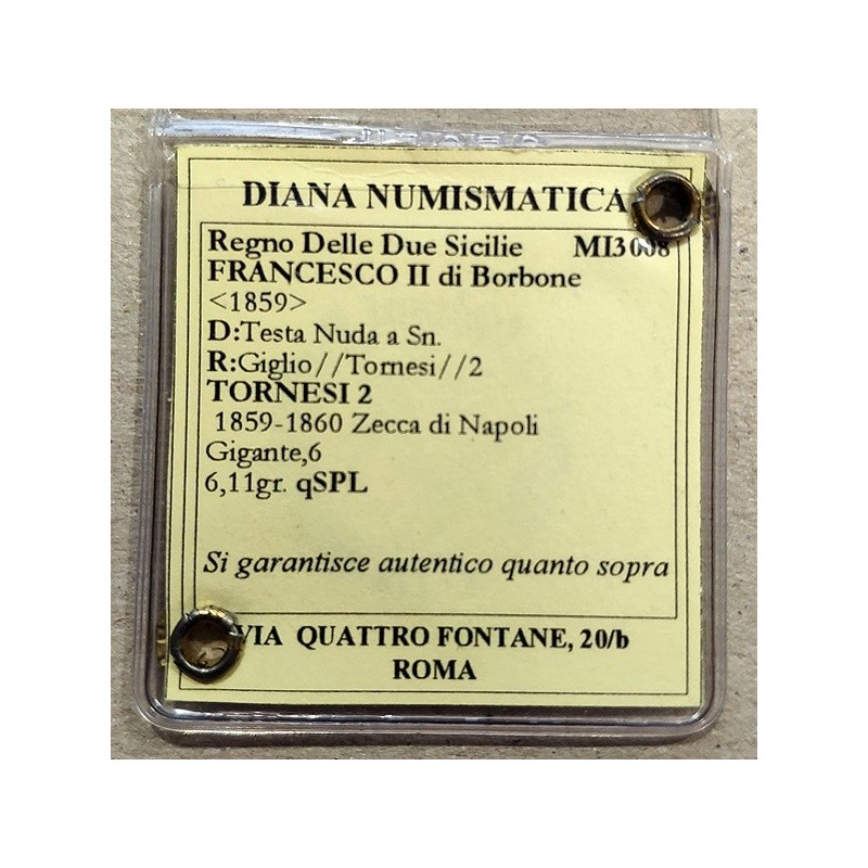 2 Tornesi Reino de Sicilia. Franciscuso II de Borbon 1859 ceca Napoles. CERTIFICADA  EBC