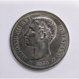 Alfonso XII  5 pesetas 1875 *18 *75 DEM Patina Irisada