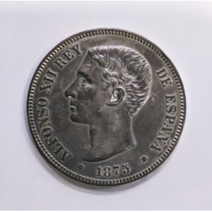 Alfonso XII  5 pesetas 1875 *18 *75 DEM Patina Irisada