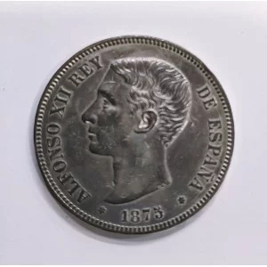 Alfonso XII  5 pesetas 1875 *18 *75 DEM Patina Irisada