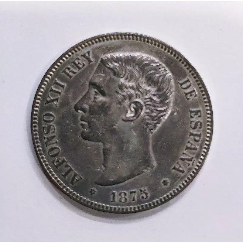 Alfonso XII  5 pesetas 1875 *18 *75 DEM Patina Irisada
