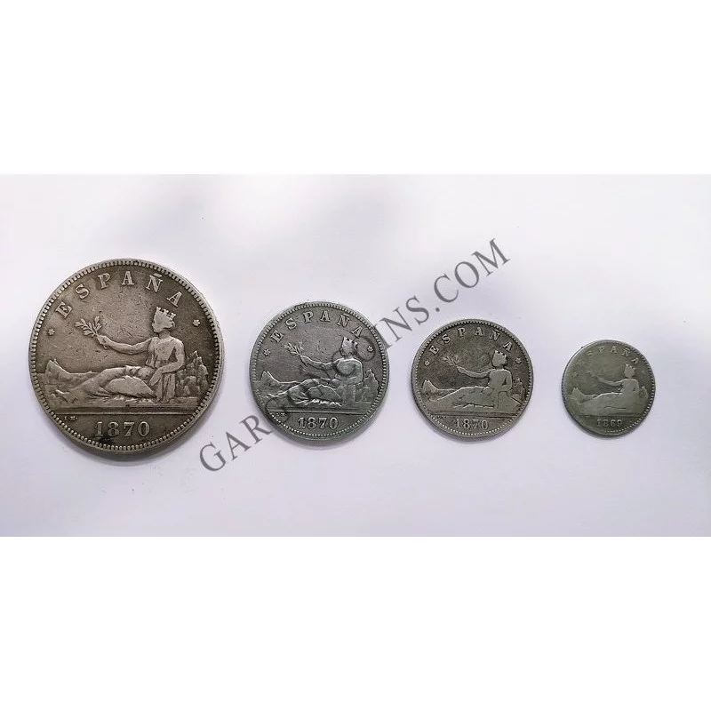 Lote monedas 1ª República Española 5, 2, 1 peseta y 50 Centimos