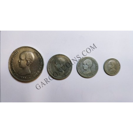 Lote de 5,2 ,1 peseta y 50 céntimos de Alfonso XIII pelon