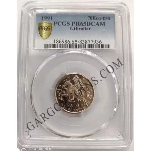 ORO Gibraltar 50 Pounds - 70 ECU de 1991 Gold Certificada PCGS