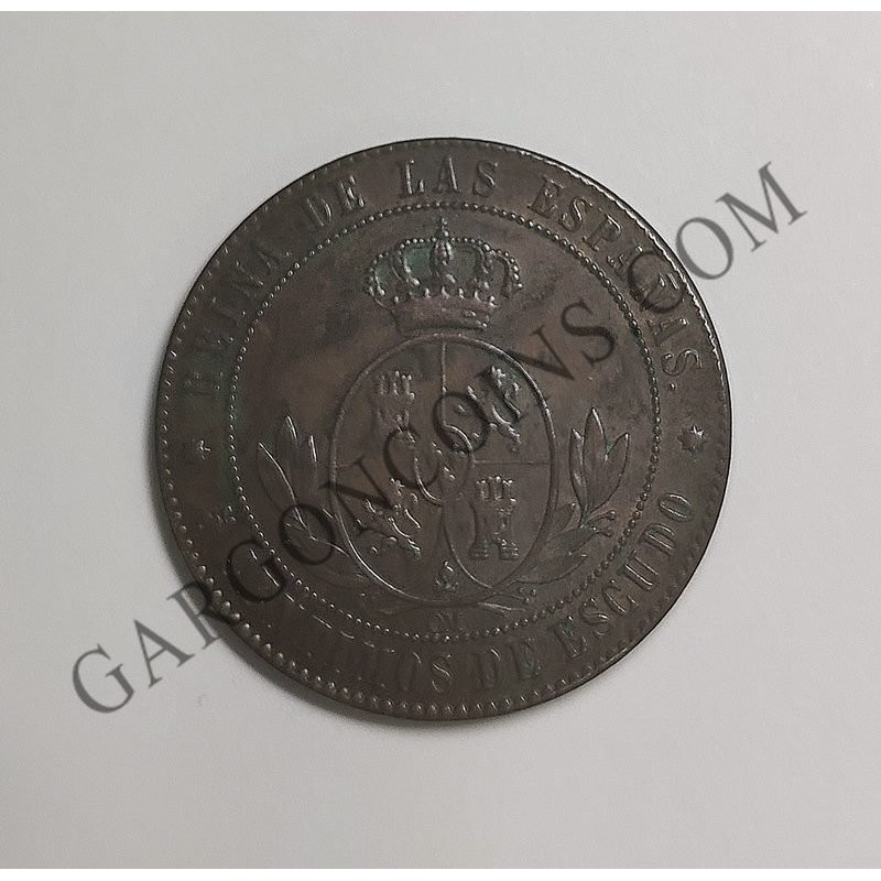 isabel,2ª,ii,1868,barcelona,om,escudos,centimos,5,ebc,