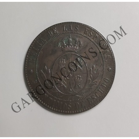 isabel,2ª,ii,1868,barcelona,om,escudos,centimos,5,ebc,