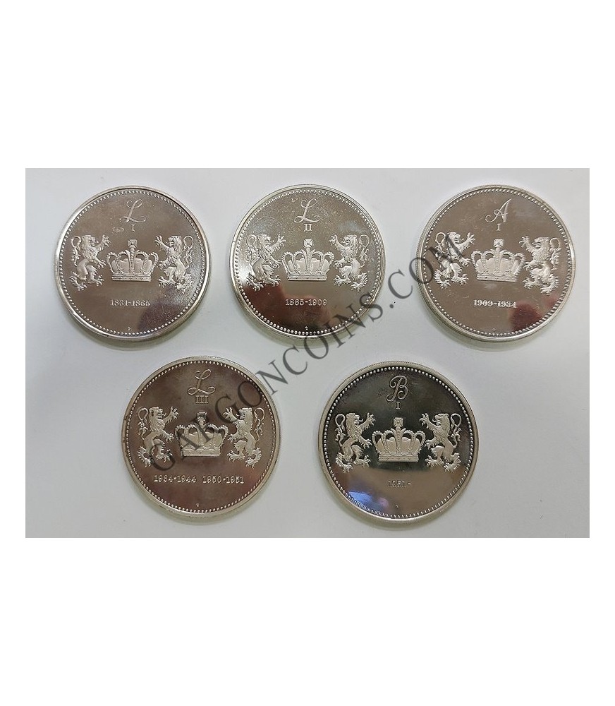 Juego de 5 Medallas de Reyes de Bélgica. Plata silver