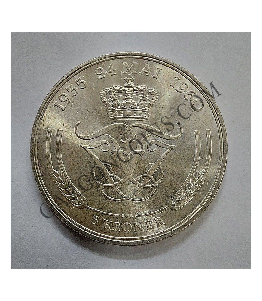 Dinamarca 5 Kroner1960 Bodas de Plata Frederic e Ingrid S/C KM 586