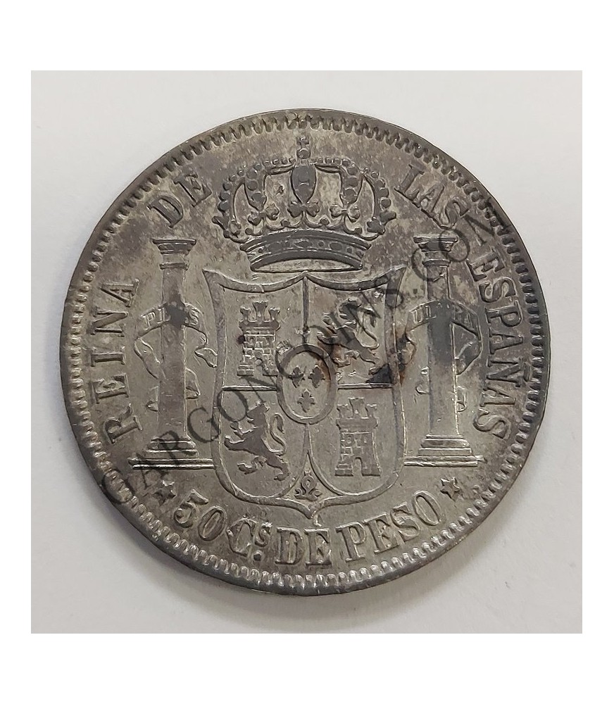 Isabel II  50 centavos de Peso de  Filipinas ceca Manila1868 Pátina negra