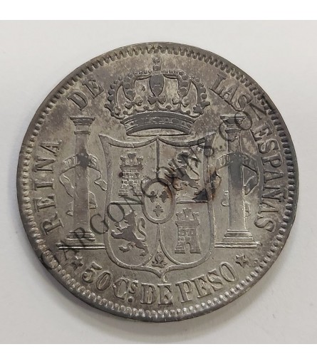 Isabel II  50 centavos de Peso de  Filipinas ceca Manila1868 Pátina negra