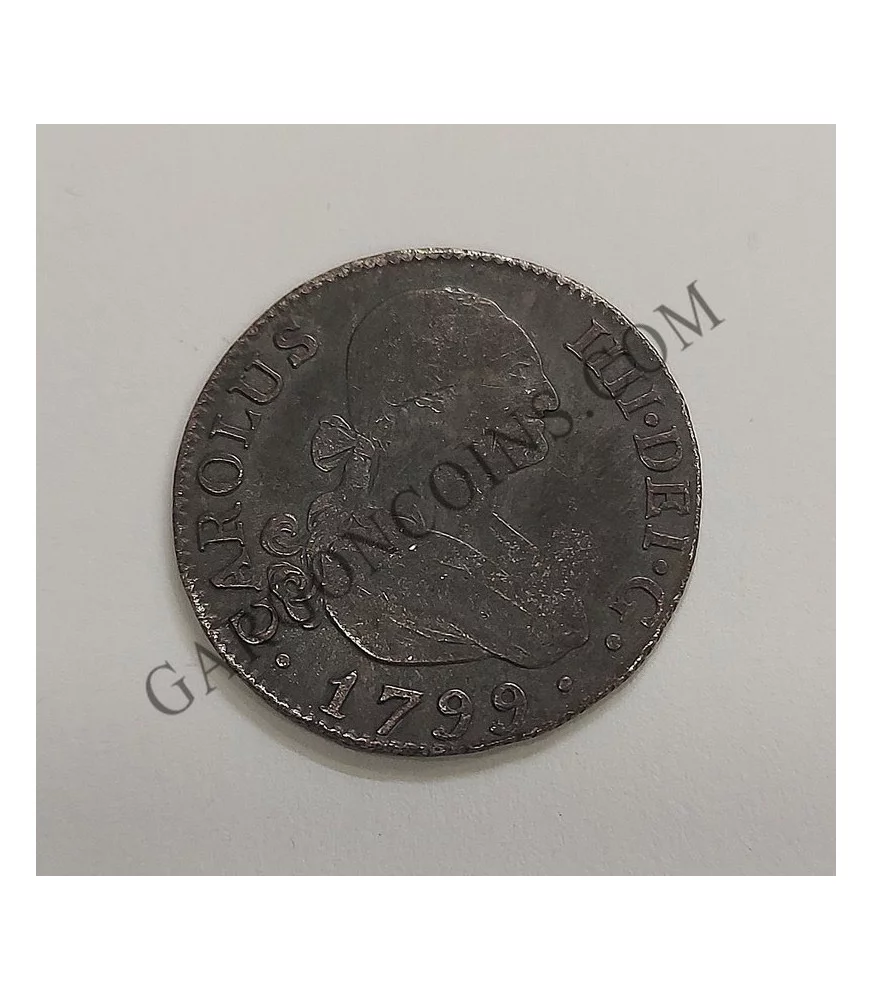 Carlos IV  2 Reales 1799 Madrid M F  MBC con Pátina negra