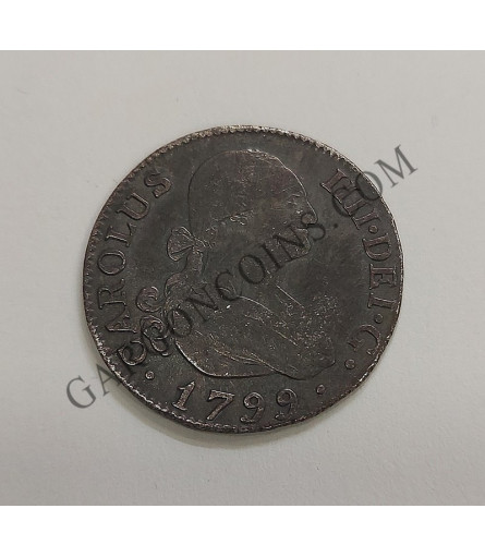 Carlos IV  2 Reales 1799 Madrid M F  MBC con Pátina negra