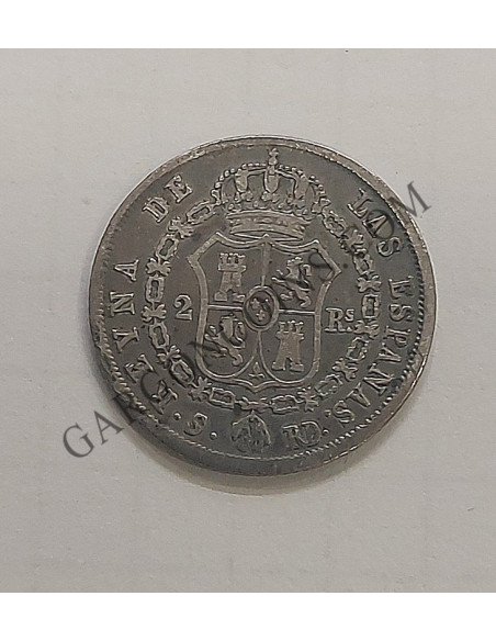 Isabel II 2 Reales 1850 Sevilla RD, pátina oscura