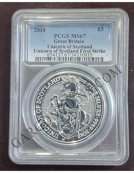 Gran Bretaña 5 Libras 2 Onzas 2018 Unicornio de Escocia Certificado PCGS