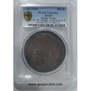 Brazil 960 Reis. sobre  8 Reales Carlos IV Potosí 1800. Resello de Minas de Gerais. Certificado PCGS
