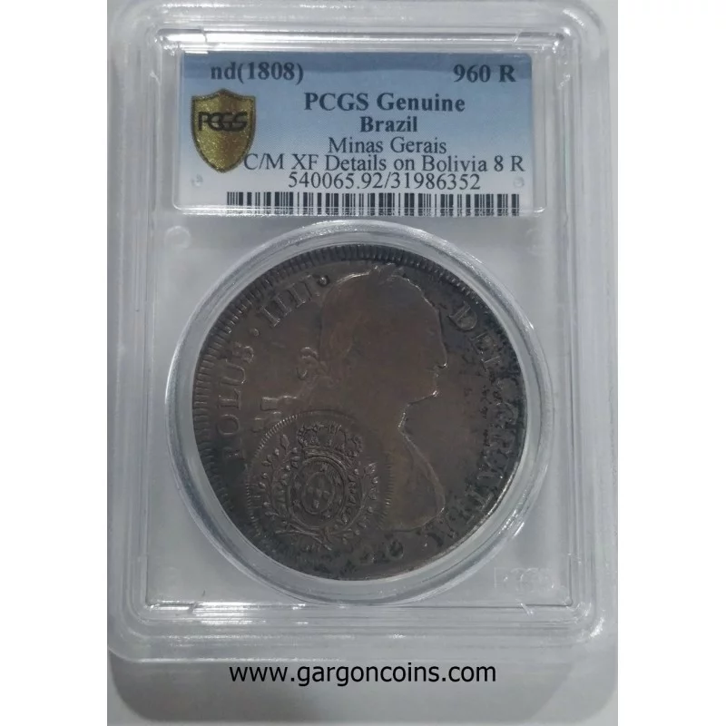 Brazil 960 Reis. sobre  8 Reales Carlos IV Potosí 1800. Resello de Minas de Gerais. Certificado PCGS