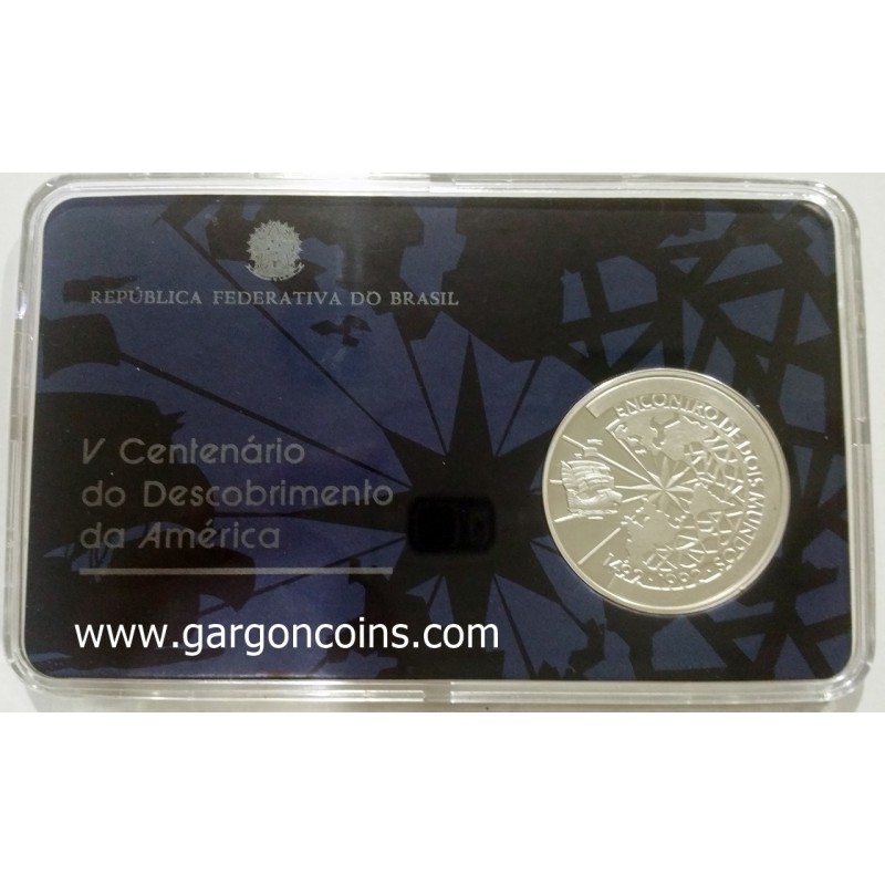 Portugal.  V Centenario. 500 Cruzeiros. Proof. Encuentro entre 2 mundos