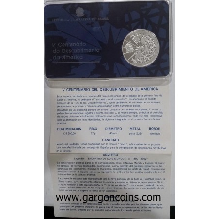 Portugal.  V Centenario. 500 Cruzeiros. Proof. Encuentro entre 2 mundos Portugal.  V Centenario. 500 Cruzeiros. Proof. Encuentro entre 2 mundos