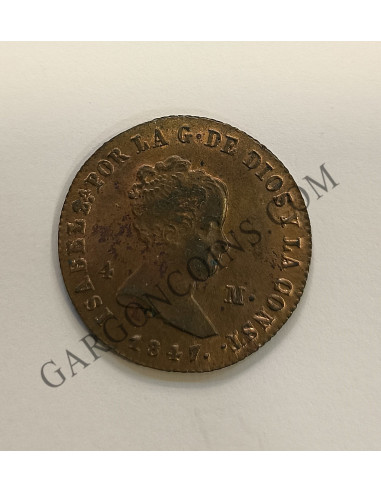 Isabel II  4 maravedies de 1847 de Jubia S/C Brillo Original
