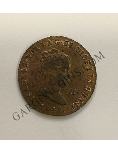 Isabel II  4 maravedies de 1847 de Jubia S/C Brillo Original