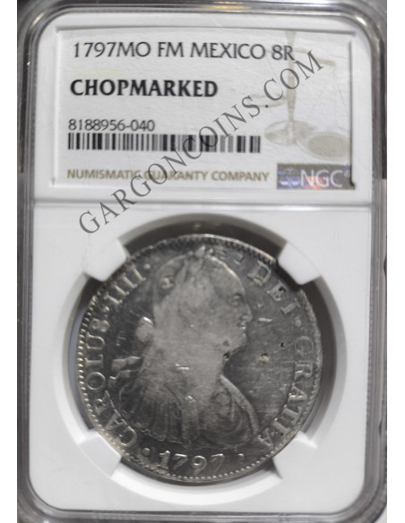 Carlos IV 8 Reales Mexico FM  1797 MBC  Resellos Chinos y certificada
