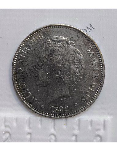 Alfonso XIII  5 Pesetas 1892 *18 *92 PGM  EBC