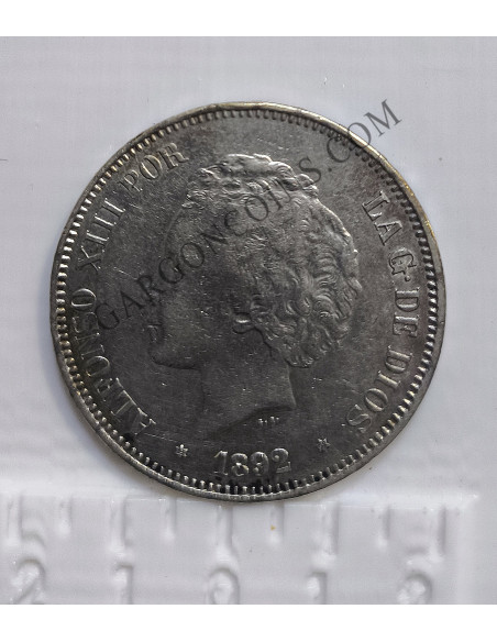 Alfonso XIII  5 Pesetas 1892 *18 *92 PGM  EBC