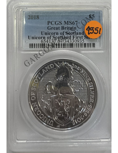 Gran Bretaña 5 Libras 2 Onzas 2018 Unicornio de Escocia Certificado PCGS